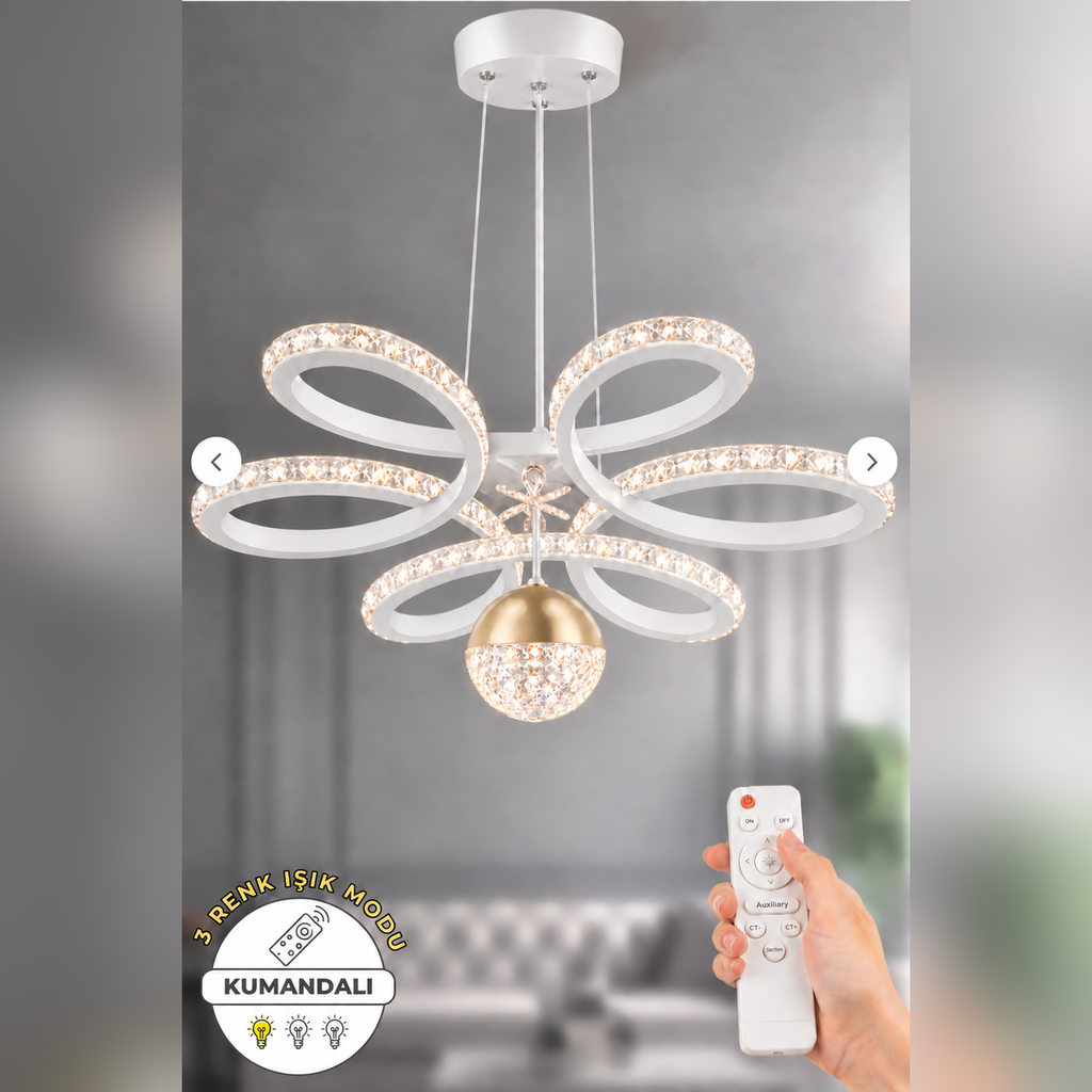 Asel Beyaz Gold Detaylı 3 Renk Kumandalı Ultra Süper Kristal Ledli Sarkıtma Avize