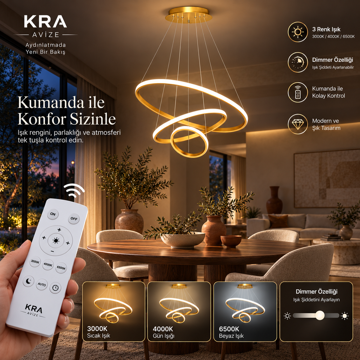 KRA Avize Saturn Gold 3’lü Kumandalı 3 Renk LED Avize