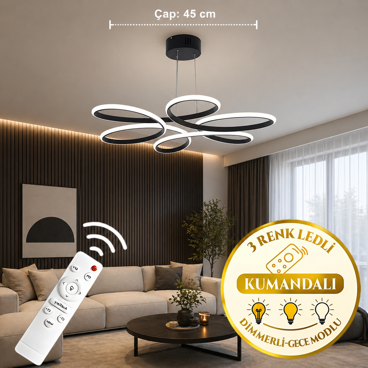 Papatya 45 Cm Siyah 3 Renk Ledli Kumandalı Sarkıt Avize
