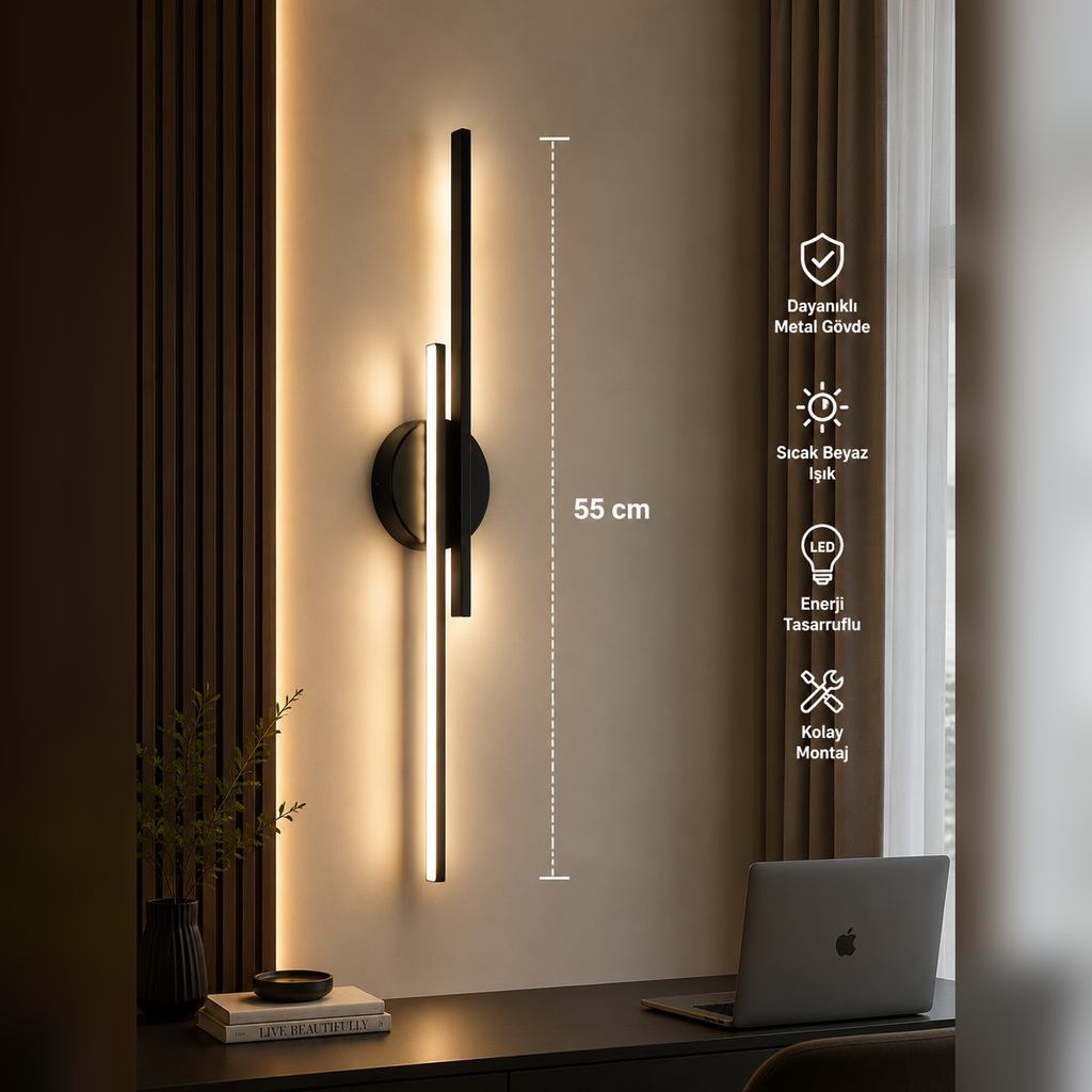 Bohem Siyah Model 55 cm Çift Taraflı Gün Işığı LED Duvar Apliği (Pilli DEğildir )