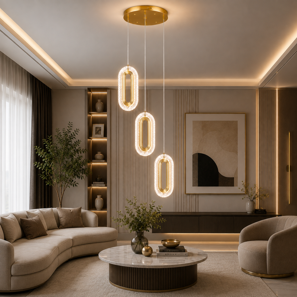 Liora 3'lü Gold 3 Renk Kumandalı LED Sarkıt Avize Modern Kristal Görünümlü Dekoratif Salon,Oturma odası