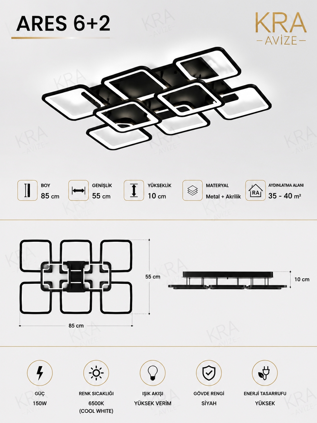 Ares 6+2 Siyah Plafonyer Lüks Modern 8'Lİ Beyazl Ledli Avize