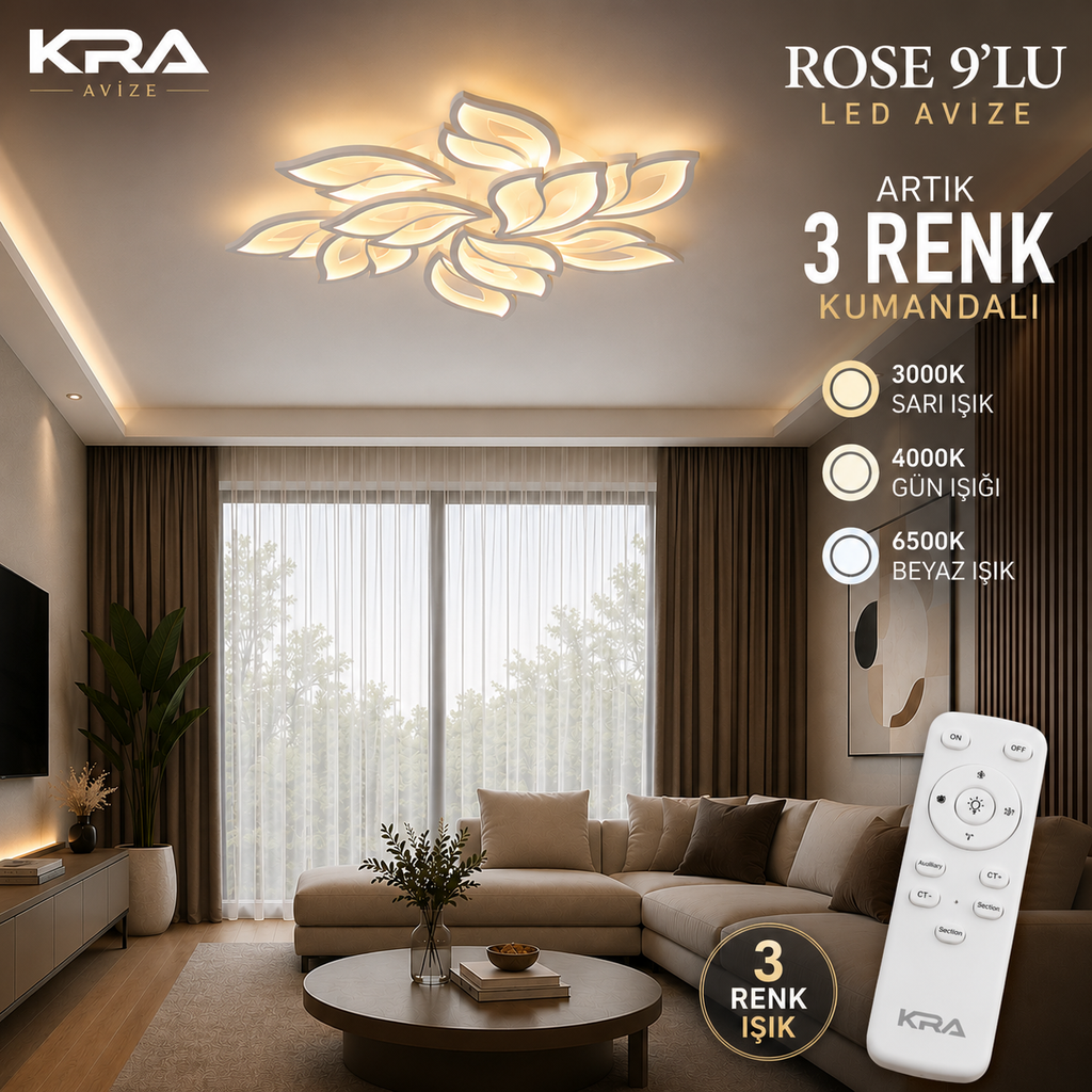 Rose 9'Lu Plafonyer Lüks Modern 3 Renk Kumandalı Ledli Avize
