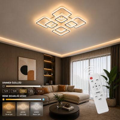 Ares 4+4 Beyaz Plafonyer Lüks Modern 8'Lİ 3 Renk Ledli Kumandalı Avize