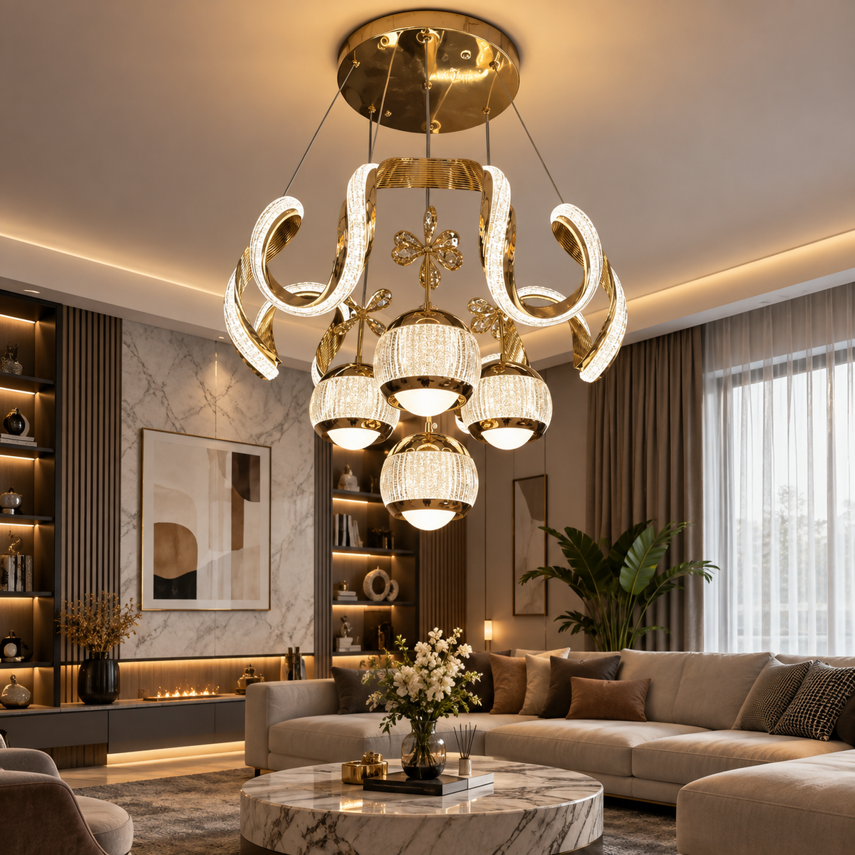 KRA Avize Velora Gold Kristal LED Sarkıt Avize – Salon ve Oturma Odası Modern Lüks Avize