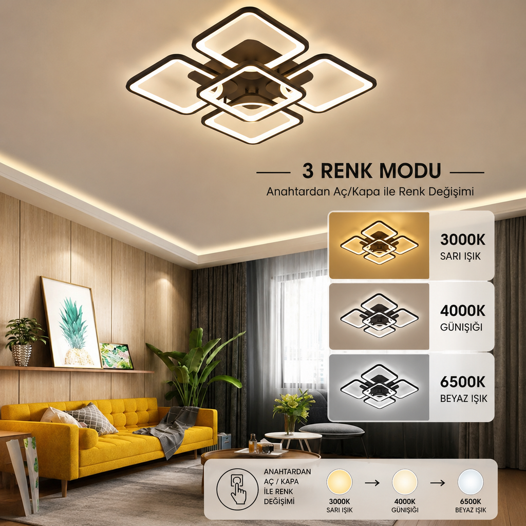 KRA Ares Siyah 4+1 LED Avize | 3 Renk  Modern Salon Avizesi