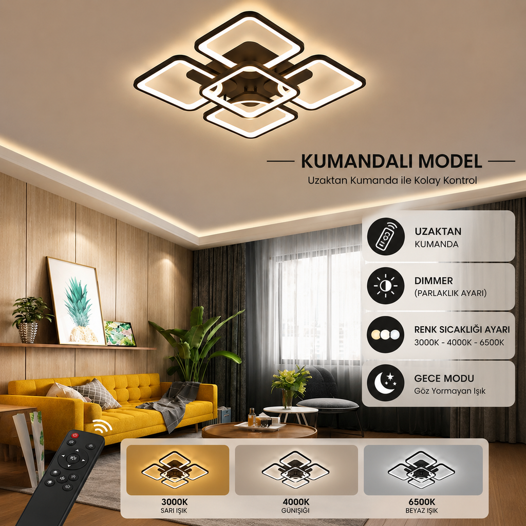 KRA Ares Siyah 4+1 LED Avize | Kumandalı 3 Renk Dimmerli Modern Salon Avizesi