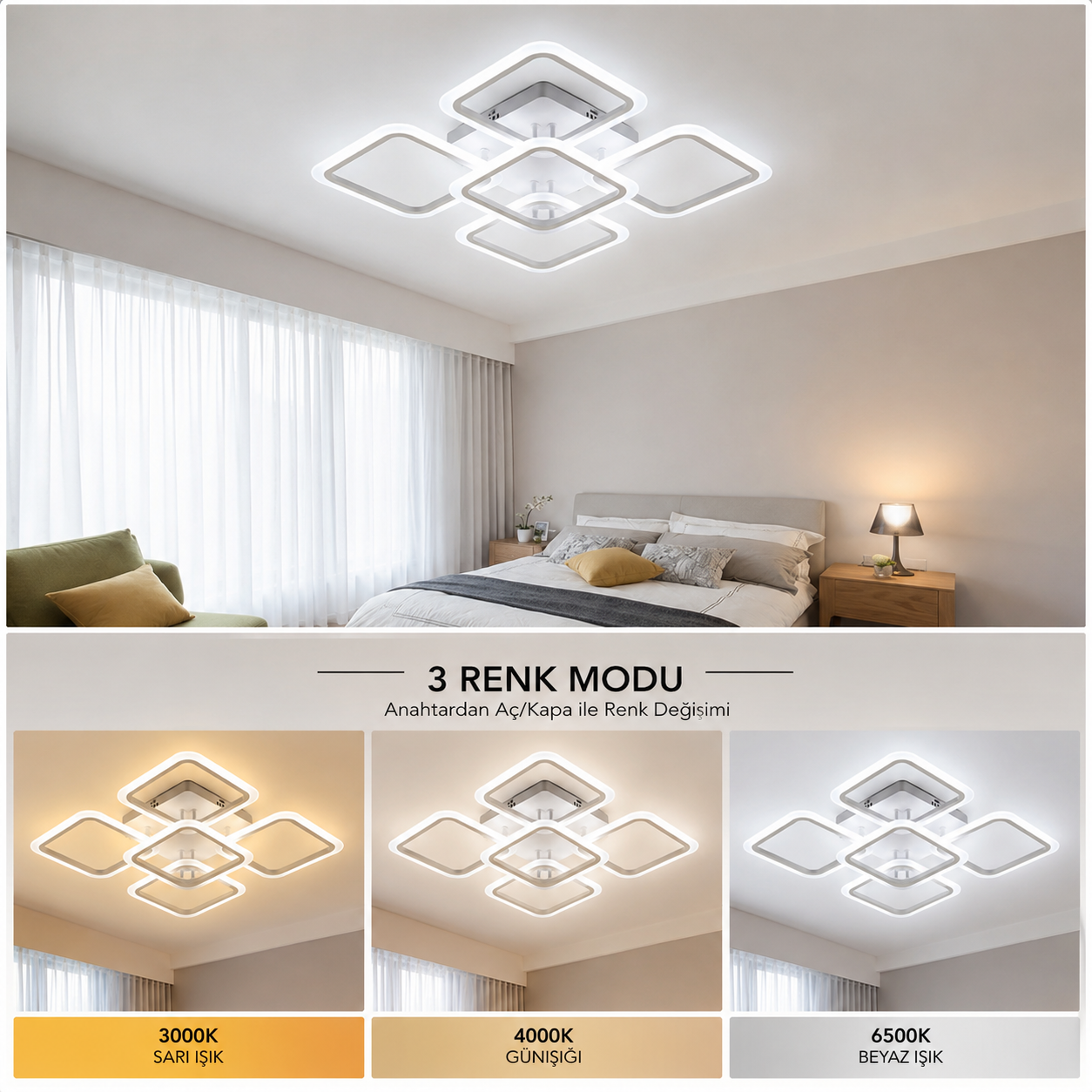 KRA Ares Beyaz 4+1 LED Avize | 3 Renk  Modern Salon Avizesi