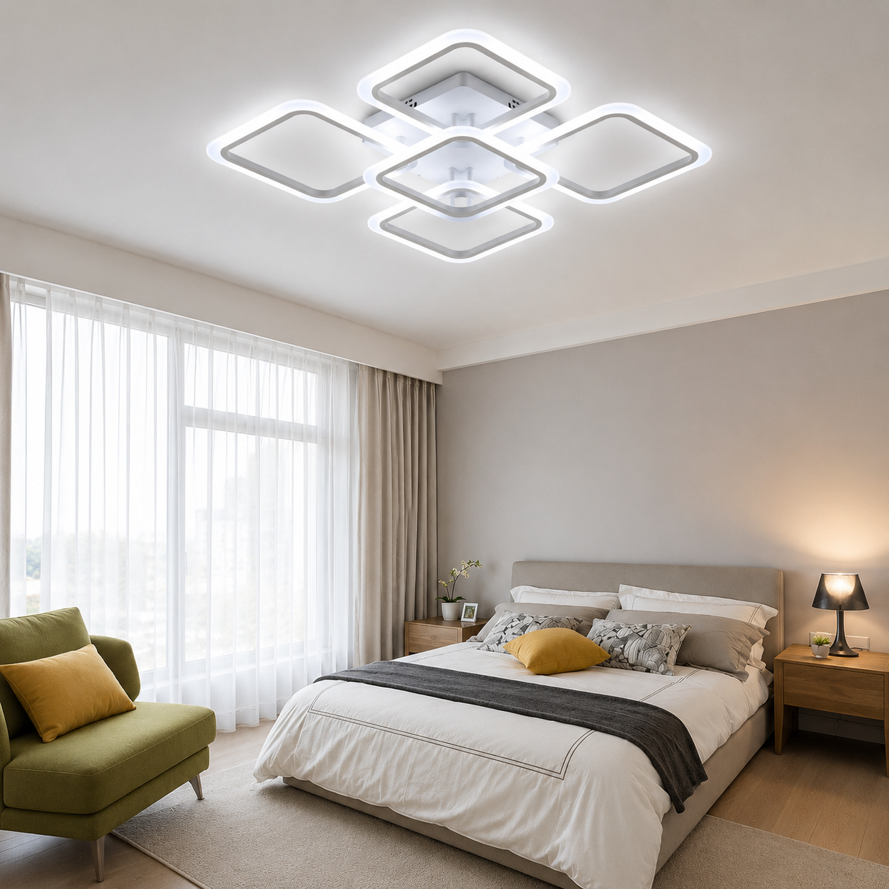 KRA Ares Beyaz 4+1 LED Avize | 3 Renk  Modern Salon Avizesi