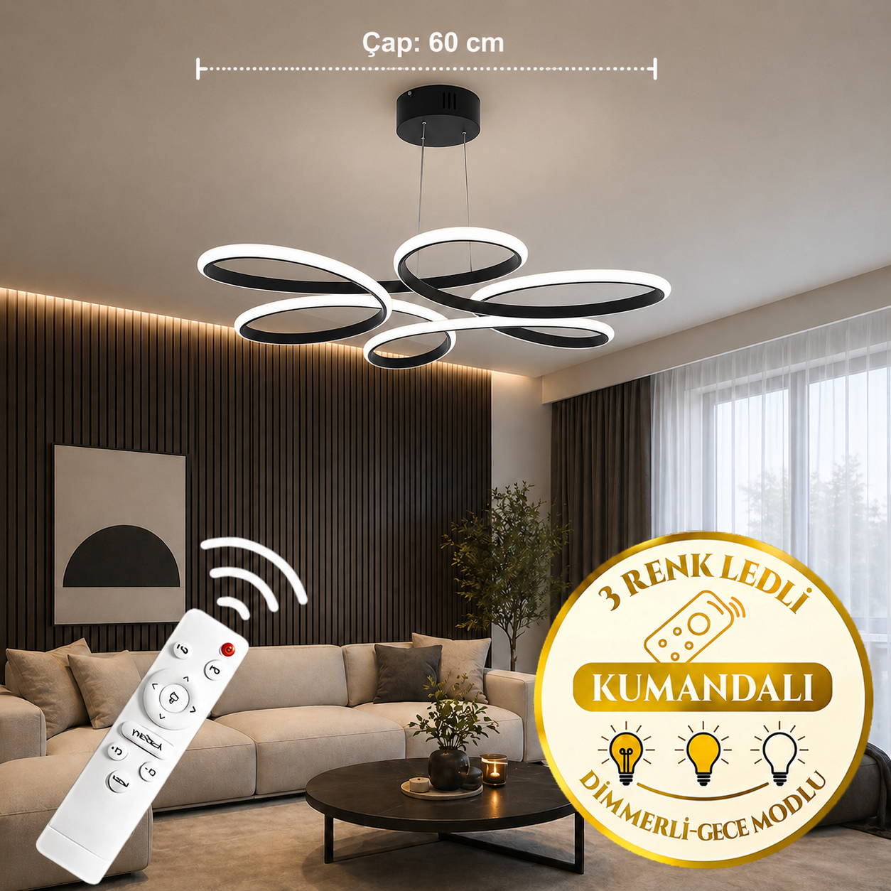 Papatya Siyah 3 Renk Ultra Ledli Sarkıtma Modern Avize