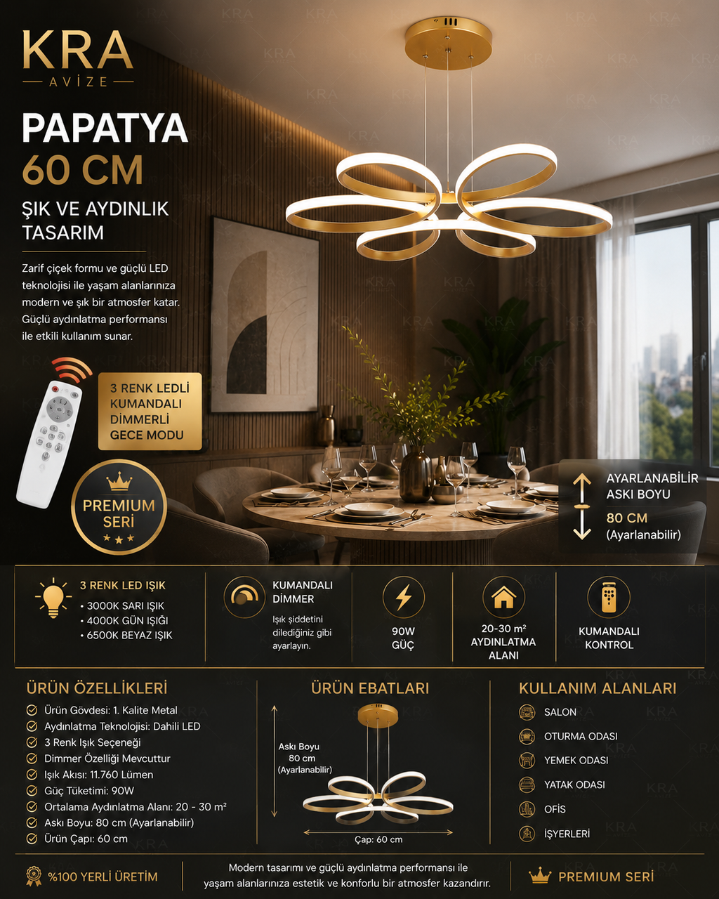 Papatya Gold 3 Renk Ultra Ledli Sarkıtma Modern Avize