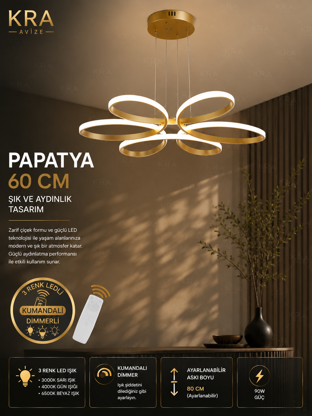 Papatya Gold 3 Renk Ultra Ledli Sarkıtma Modern Avize