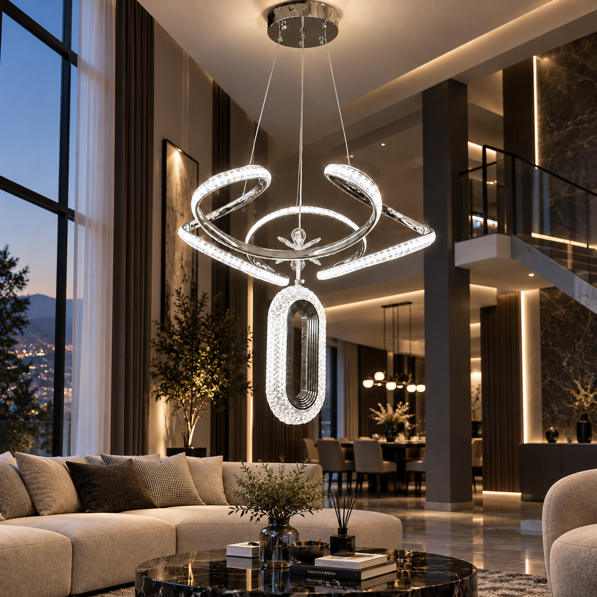 KRA Helix Kristal LED Avize 50 cm – 3 Renk Modern Salon Avizesi