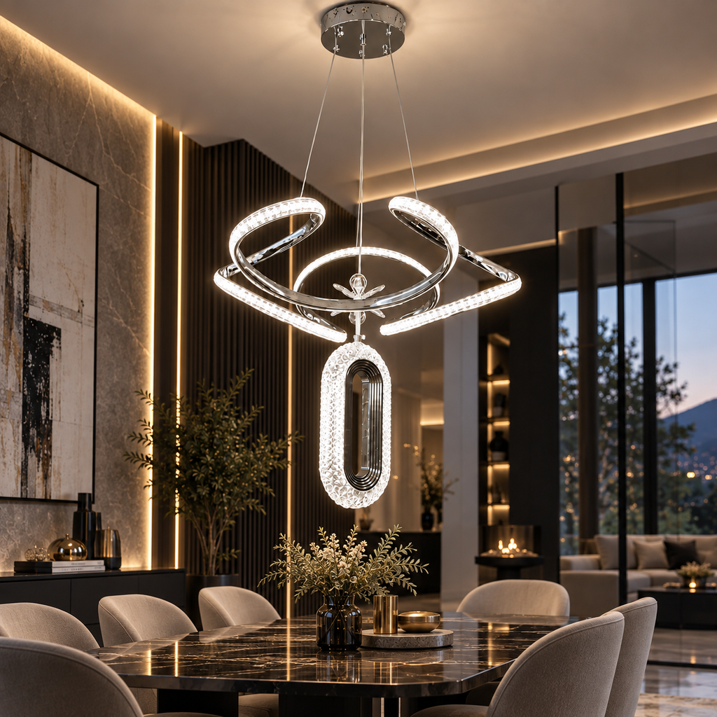 KRA Helix Kristal LED Avize 50 cm – 3 Renk Modern Salon Avizesi