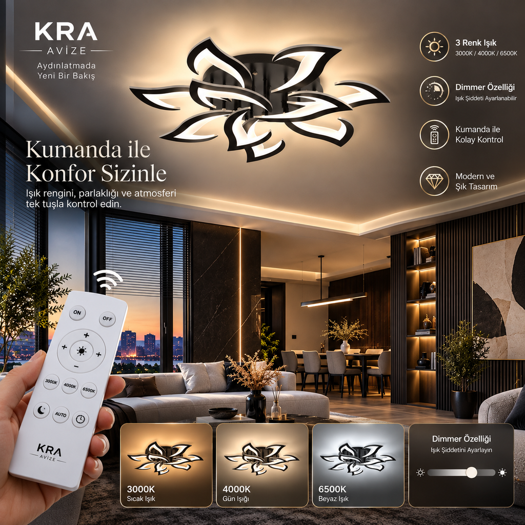 KRA Avize Rüzgar 10’lu Kumandalı Dimmerli LED Plafonyer Avize – 3 Renk