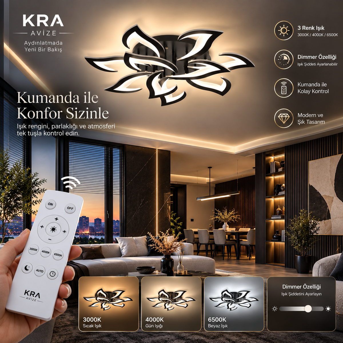 KRA Avize Rüzgar 10’lu Kumandalı Dimmerli LED Plafonyer Avize – 3 Renk