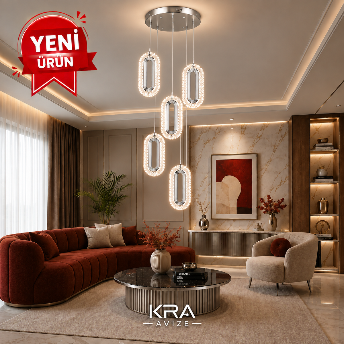 Liora 5'Li Krom 3 Renk Kumandalı LED Sarkıt Avize Modern Kristal Görünümlü Dekoratif Salon,Oturma odası