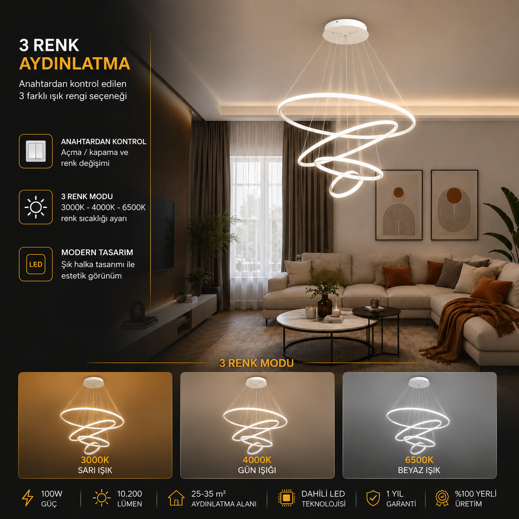 Saturn Beyaz 4'lü Yeni Ultra Süper 3 Renk Ledli Avize