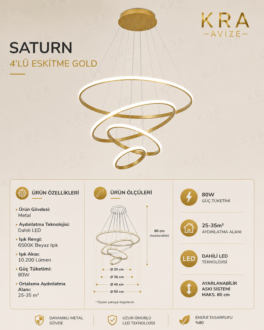 Saturn Gold 4'lü Yeni Ultra Süper Beyaz Ledli Avize