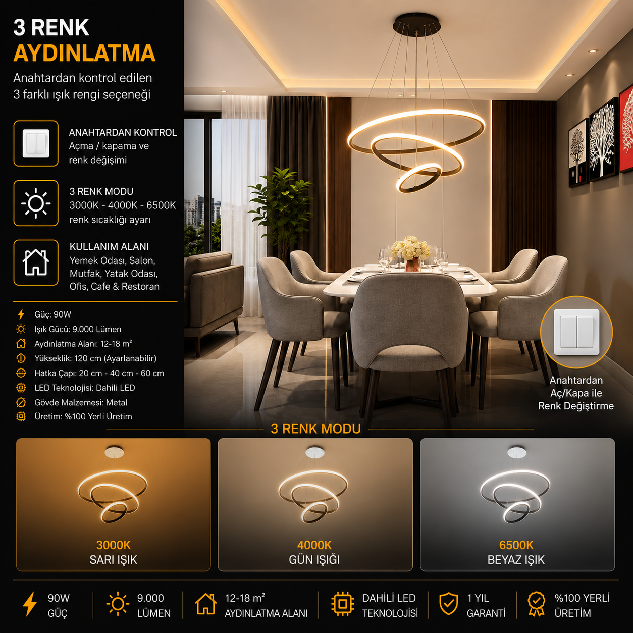 Saturn Siyah 3'lü Yeni Ultra Süper 3 Renk Ledli Avize