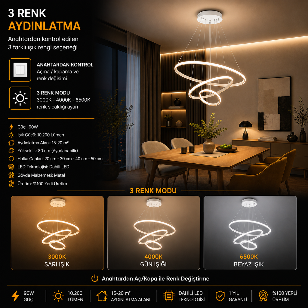 Saturn Beyaz 3'lü Yeni Ultra Süper 3 Renk Ledli Avize