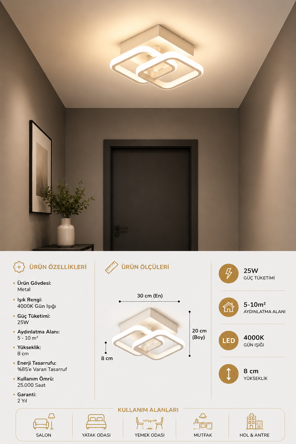 ARES Beyaz Kare Süper Gün Işığı Ledli Avize,Koridor,Hol,Giriş,Balkon
