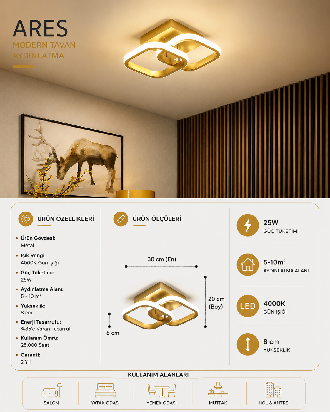 ARES Eskitme (Gold) Kare Süper Gün Işığı Ledli Avize,Koridor,Hol,Giriş,Balkon