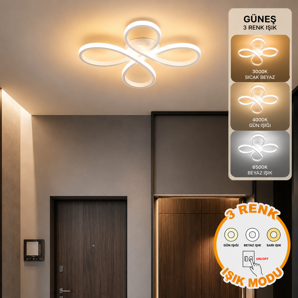 Güneş Modern Lüx Beyaz Plafonyer Ultra Power 3 Renk Led'li Avize