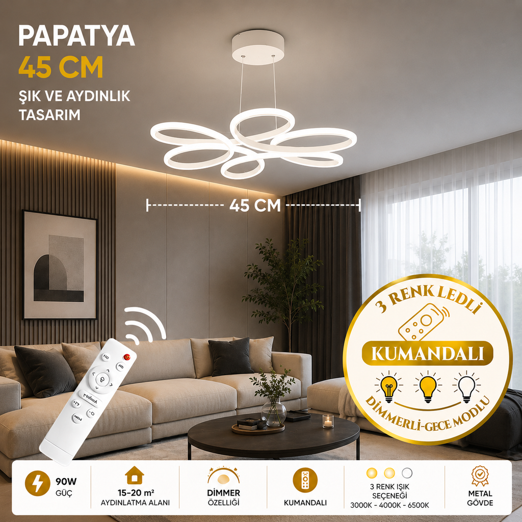 Papatya 45 Cm Beyaz 3 Renk Ledli Kumandalı Sarkıt Avize
