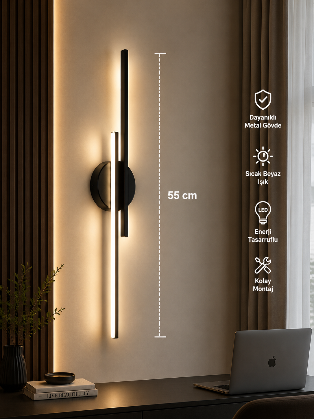 Bohem Siyah Model 55 cm Çift Taraflı Gün Işığı LED Duvar Apliği (Pilli DEğildir )