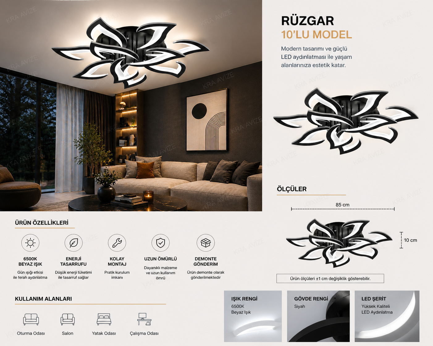 Rüzgar Plafonyer Lüks Modern 10'Lu Beyaz Ledli Avize