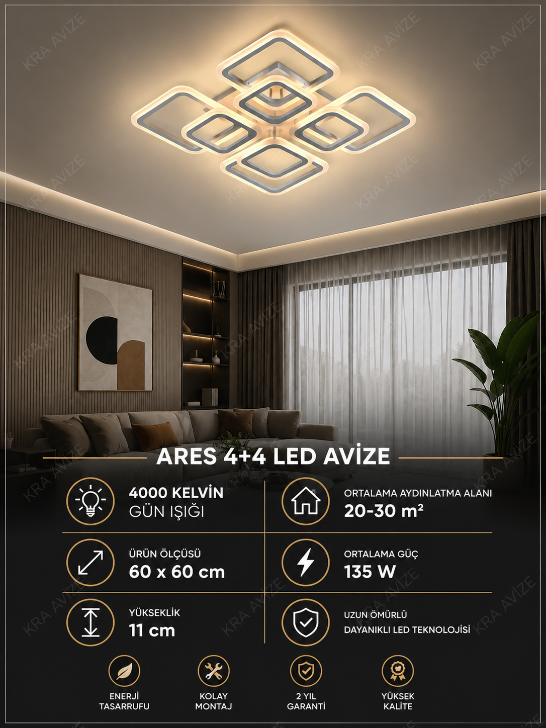 Ares 4+4 Beyaz Plafonyer Lüks Modern 8'Lİ Günışığı Ledli Avize