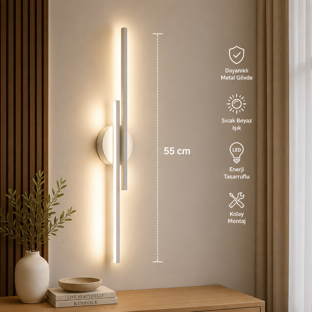 Bohem Beyaz Model 55 cm Çift Taraflı Gün Işığı LED Duvar Apliği (Pilli DEğildir )