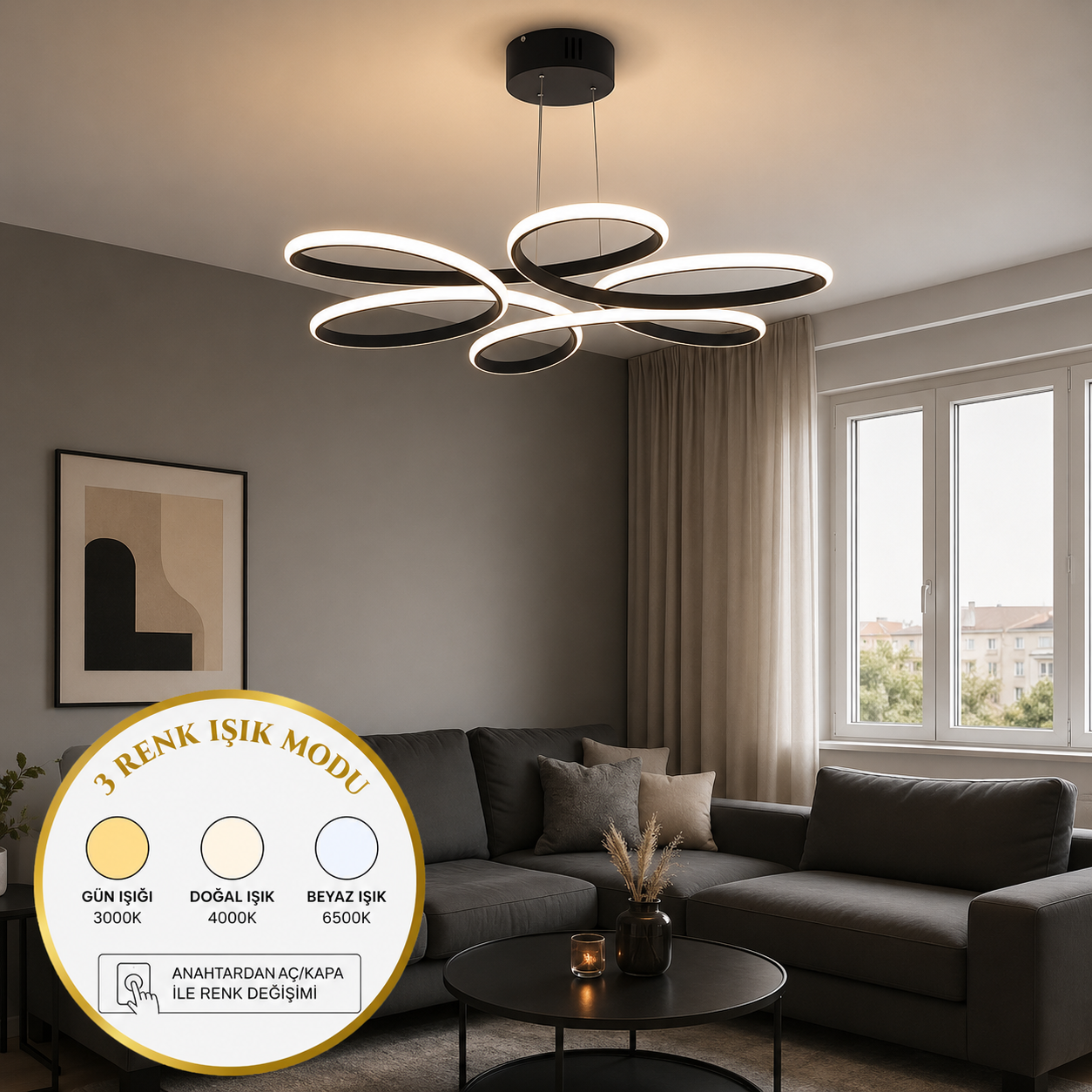 Papatya Siyah 3 Renk Ultra Ledli Sarkıtma Modern Avize