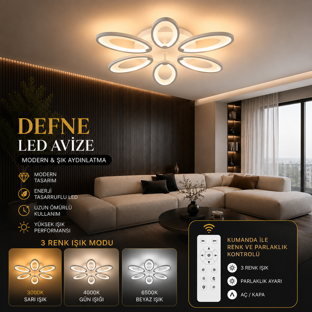 Defne Plafonyer Lüks Modern 6'Lı 3 Renk Kumandalı  Avize
