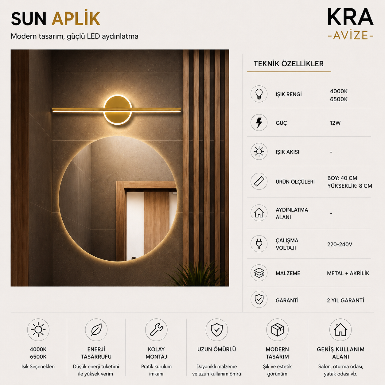 Sun Eskitme 40 cm Akrilik Gövde  Gün Işığı Ledli Özel Tasarım Aplik