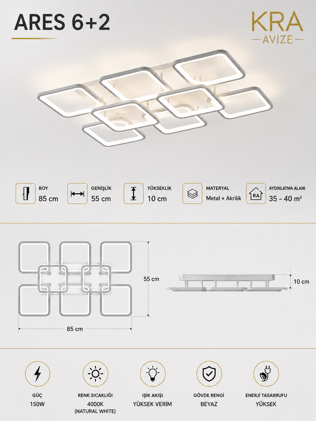Ares 6+2 Beyaz Plafonyer Lüks Modern 8'Lİ Günışığı Ledli Avize