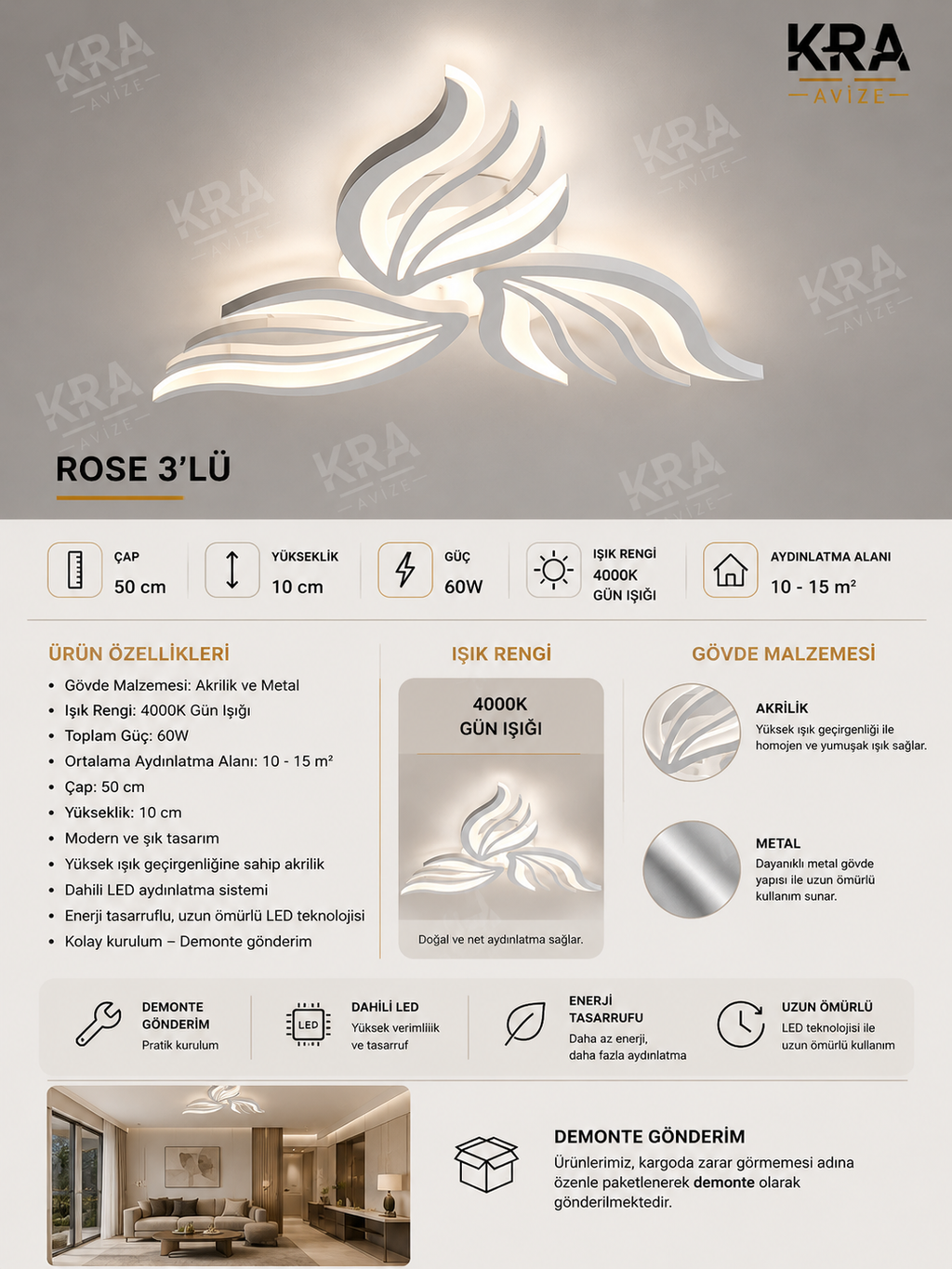 Rose 3 Beyaz Plafonyer Lüks Modern 3'Lü Günışığı Ledli Avize