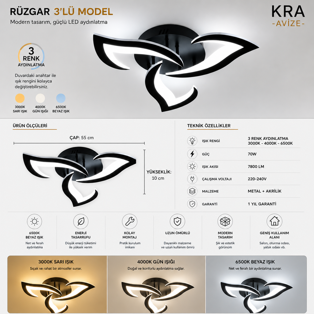 Rüzgar Siyah Plafonyer Lüks Modern 3'Lü 3 Renk Kumandalı Ledli Avize