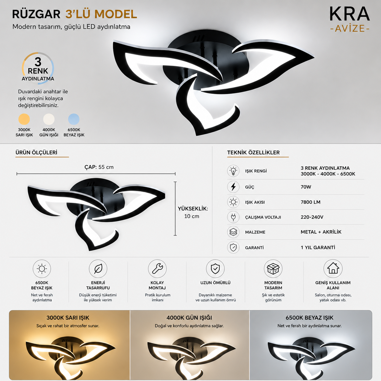 Rüzgar Siyah Plafonyer Lüks Modern 3'Lü 3 Renk Kumandalı Ledli Avize