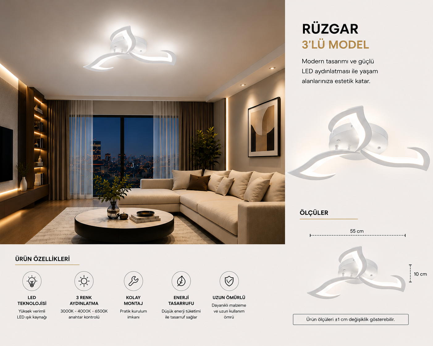 Rüzgar Beyaz Plafonyer Lüks Modern 3'lü 3 Renk Ledli Avize