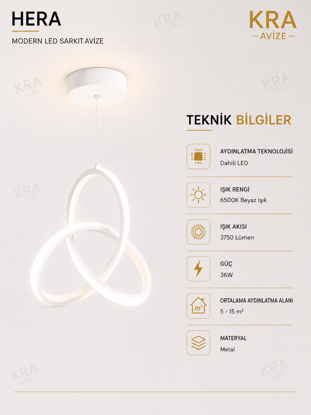 Hera Beyaz Sarkık Ultra Beyaz Ledli Avize