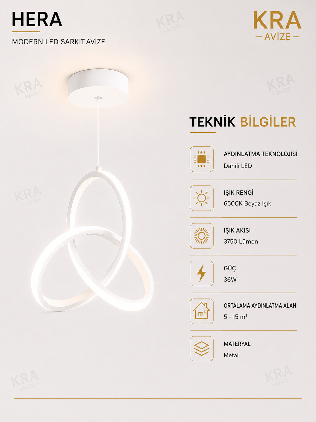 Hera Beyaz Sarkık Ultra Beyaz Ledli Avize