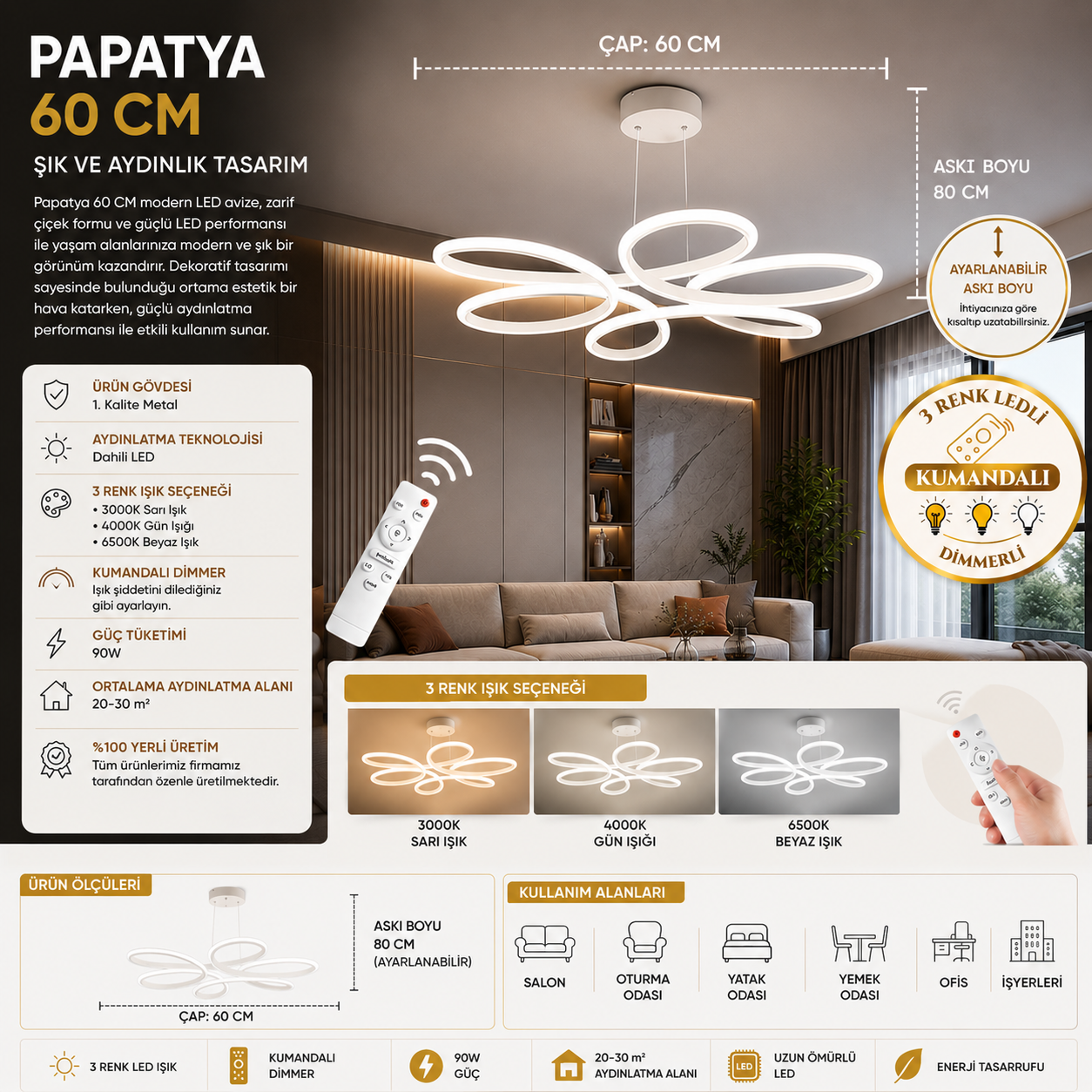 Papatya Beyaz 3 Renk Ultra Ledli Sarkıtma Modern Avize