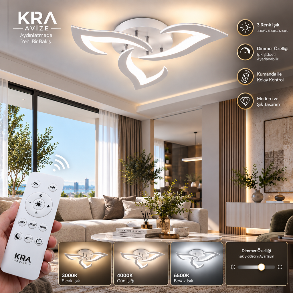 Rüzgar Beyaz Plafonyer Lüks Modern 3'Lü 3 Renk Kumandalı Ledli Avize
