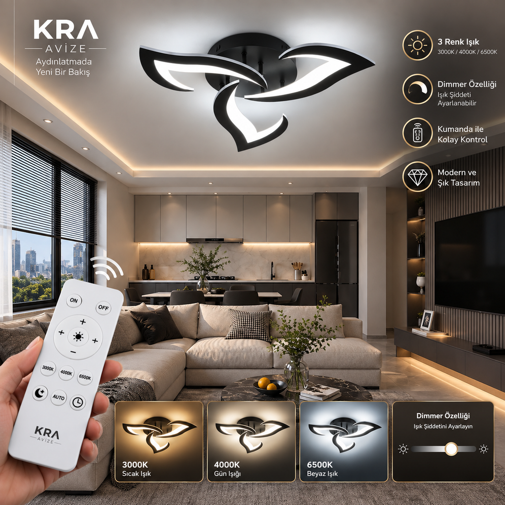 Rüzgar Siyah Plafonyer Lüks Modern 3'Lü 3 Renk Kumandalı Ledli Avize