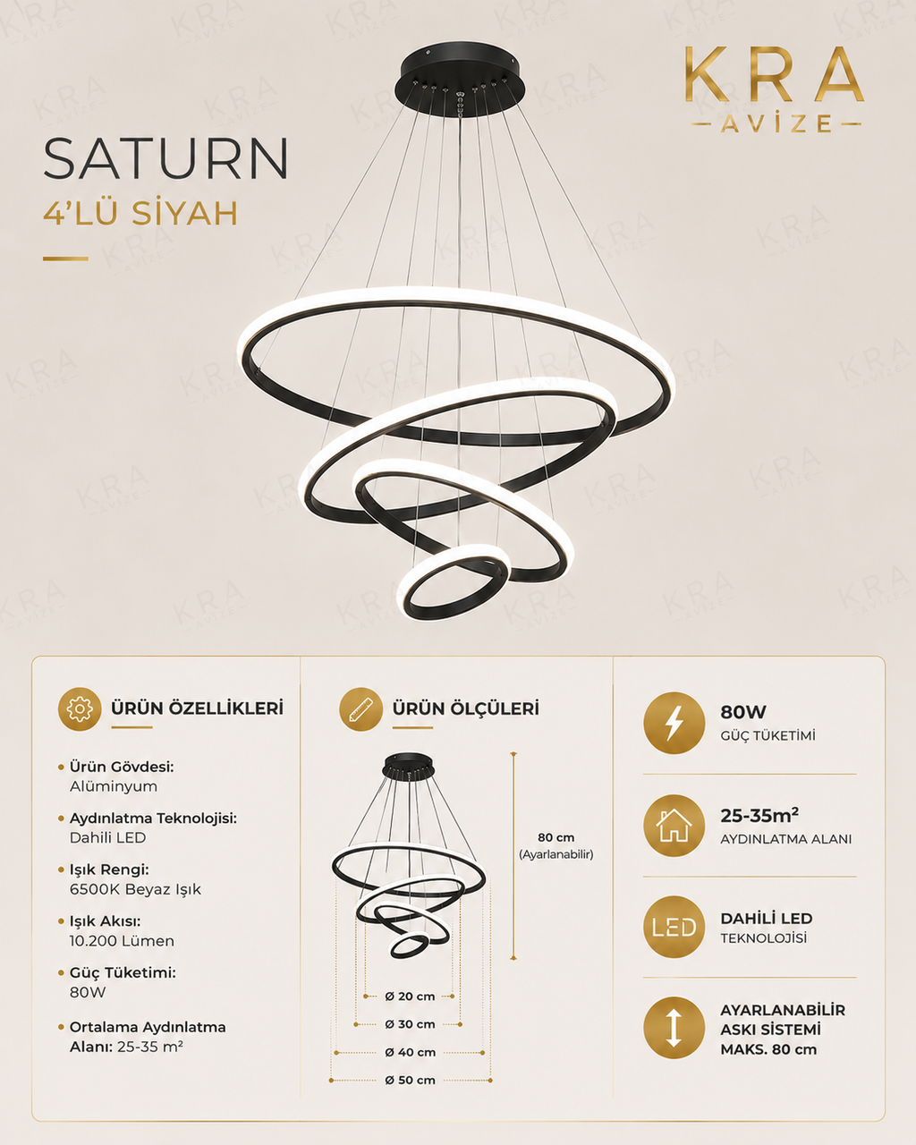 Saturn Siyah 4'lü Yeni Ultra Süper Beyaz Ledli Avize
