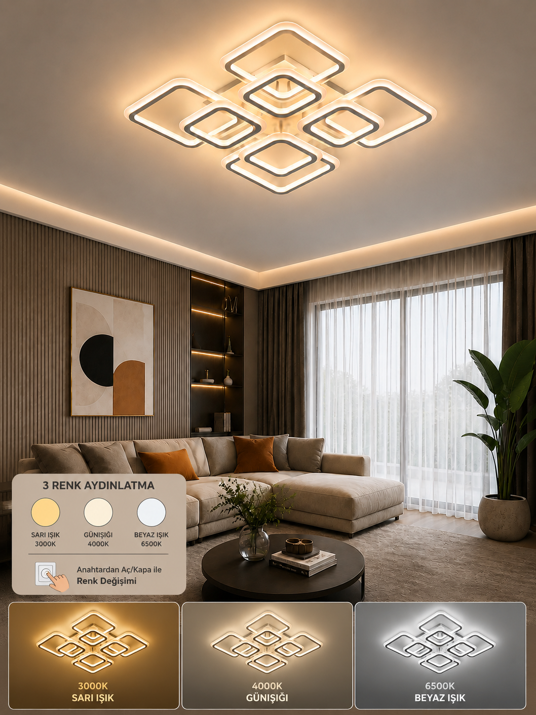 Ares 4+4 Beyaz Plafonyer Lüks Modern 8'Lİ 3 Renk Ledli Avize