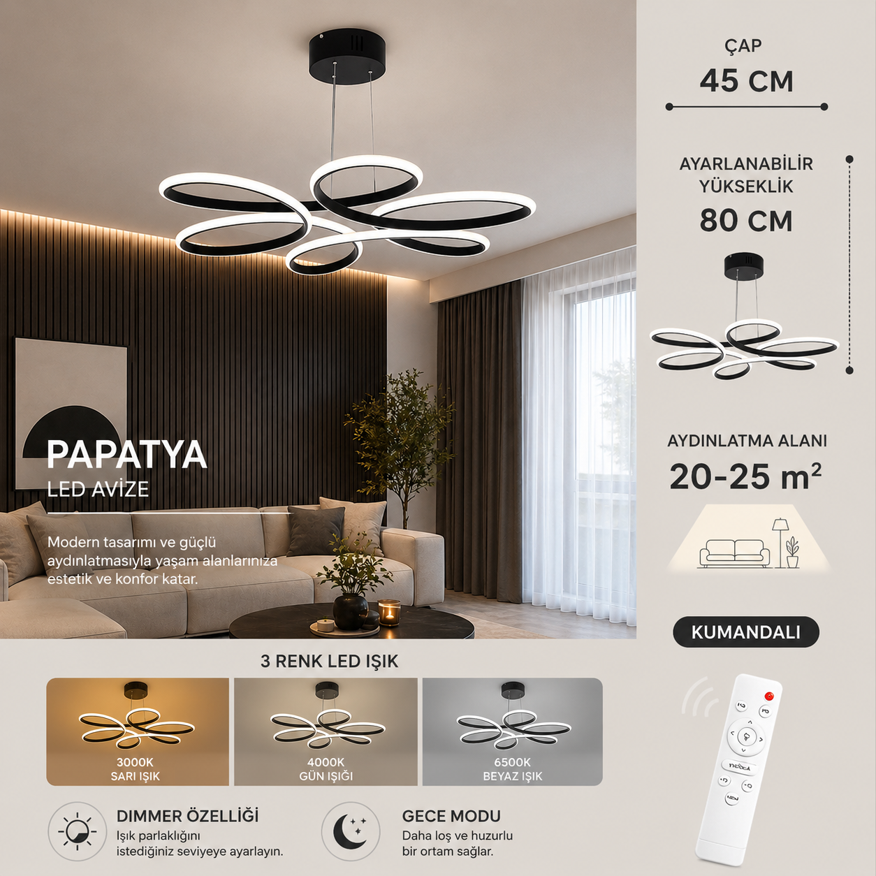 Papatya 45 Cm Siyah 3 Renk Ledli Kumandalı Sarkıt Avize