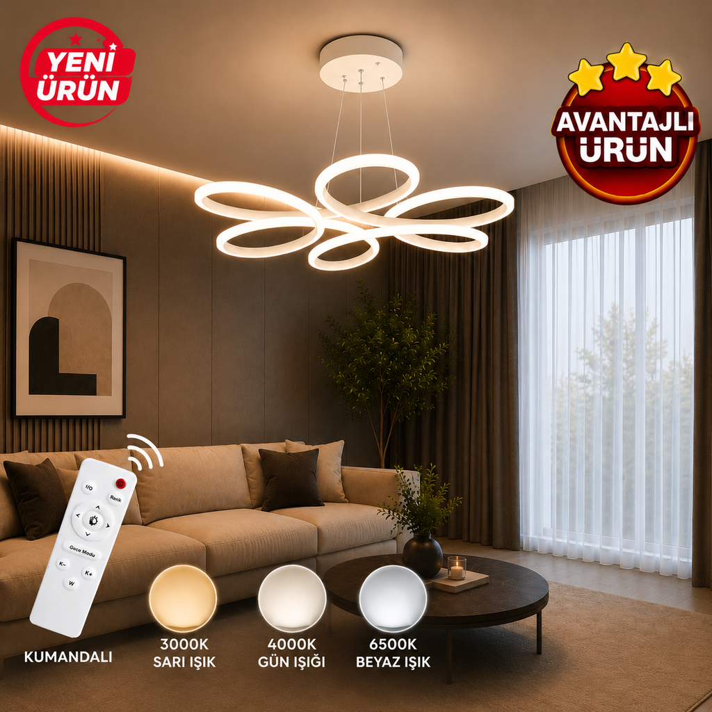 Papatya 45 Cm Beyaz 3 Renk Ledli Kumandalı Sarkıt Avize
